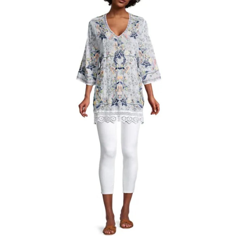 Johnny Was 'Azalia' Floral-Embroidered Tunic Top, Blue/White Multicolor